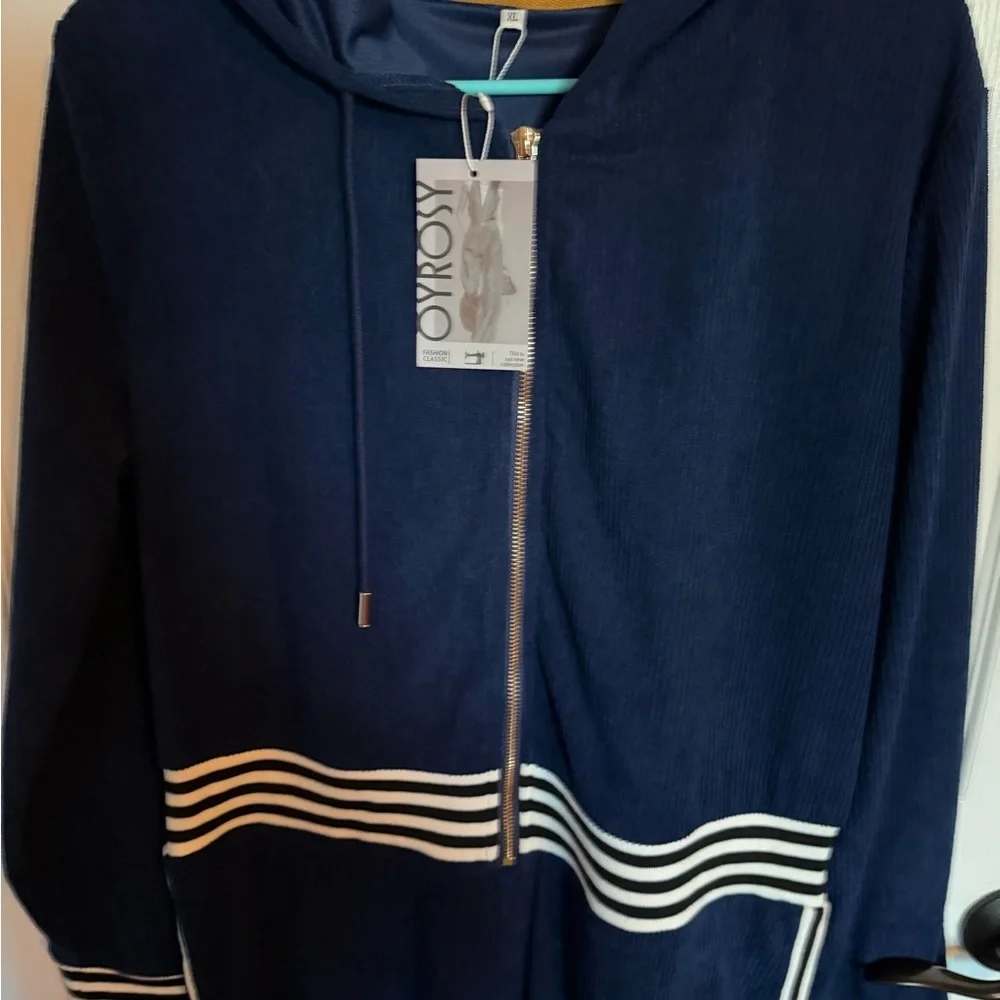 Oyrosy Revolve Retro Sports Hooded Zipper Dark Blue Knitted Jumpsuit NEW XL